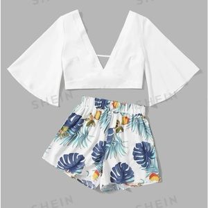 NWOT Shein Vacation Vibes Plunge Self Tie Top Tropical Short Set 12XL